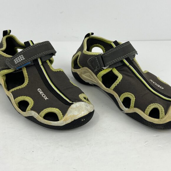 Geox Respira Kids Sandals Size 1 EU 32 Gray Green Round Toe Hook Loop Flat Heel - Picture 1 of 6
